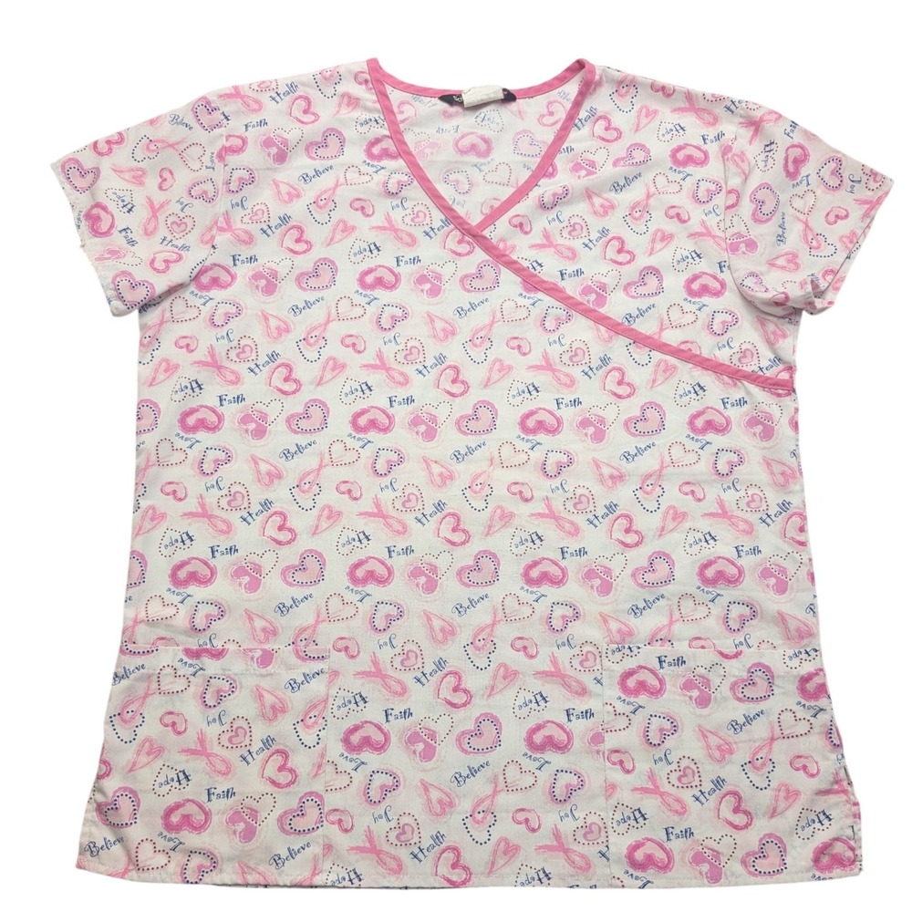 Samantha Mara Scrub Top Women S White Pink Breast Cancer Awareness Heart Ribbons